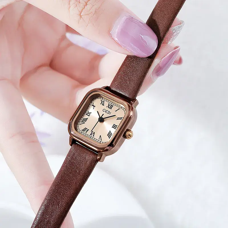 Vintage Women's Square Watch Brown Leather Band - Image 7