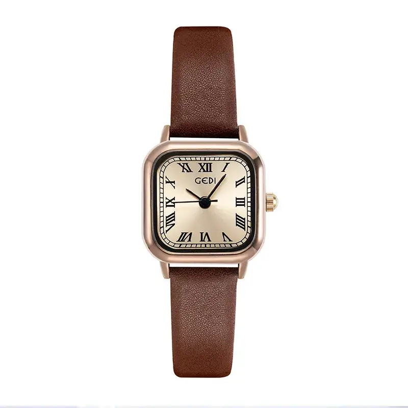 Vintage Women's Square Watch Brown Leather Band - Image 10