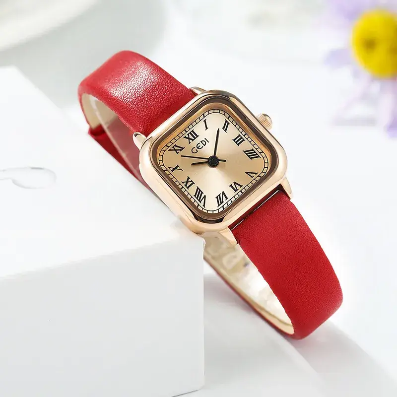 Vintage Women's Square Watch Brown Leather Band - Image 4
