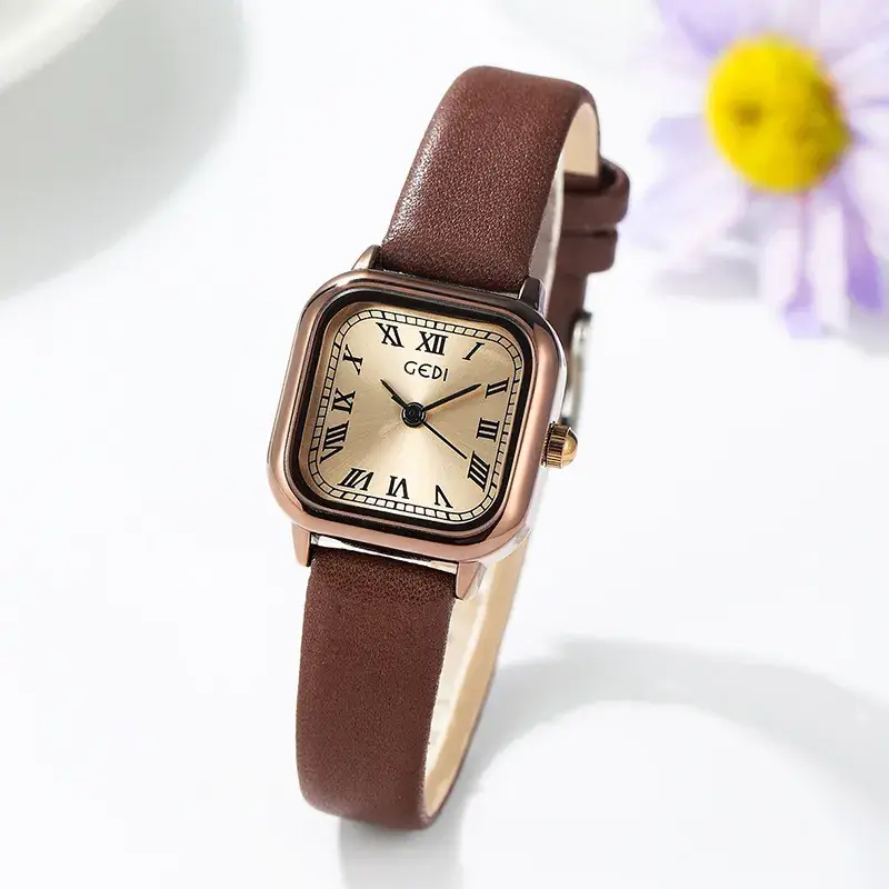 Vintage Women's Square Watch Brown Leather Band - Image 5