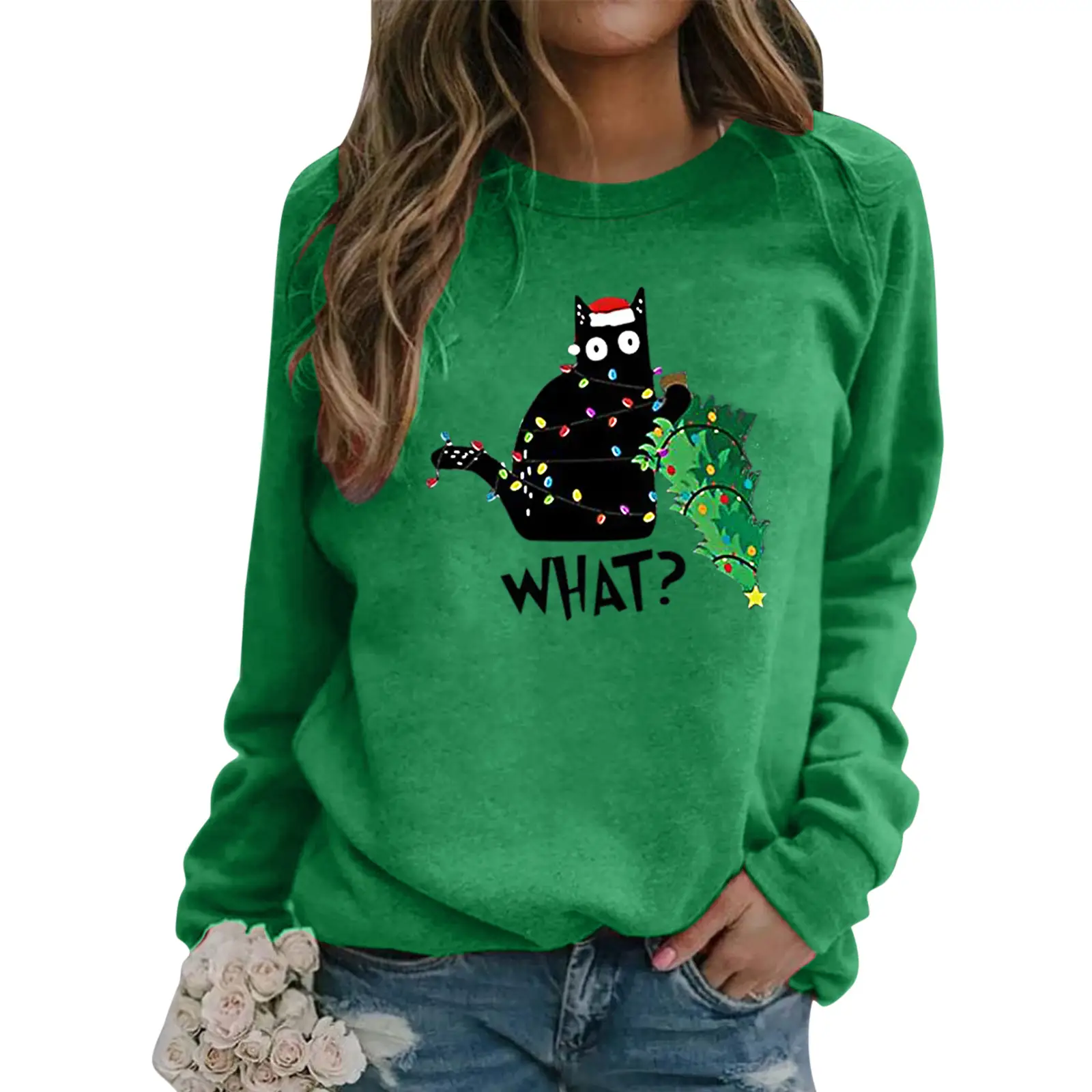 Women Christmas Cat Print Long Sleeve Sweatshirt Maroon - Image 7