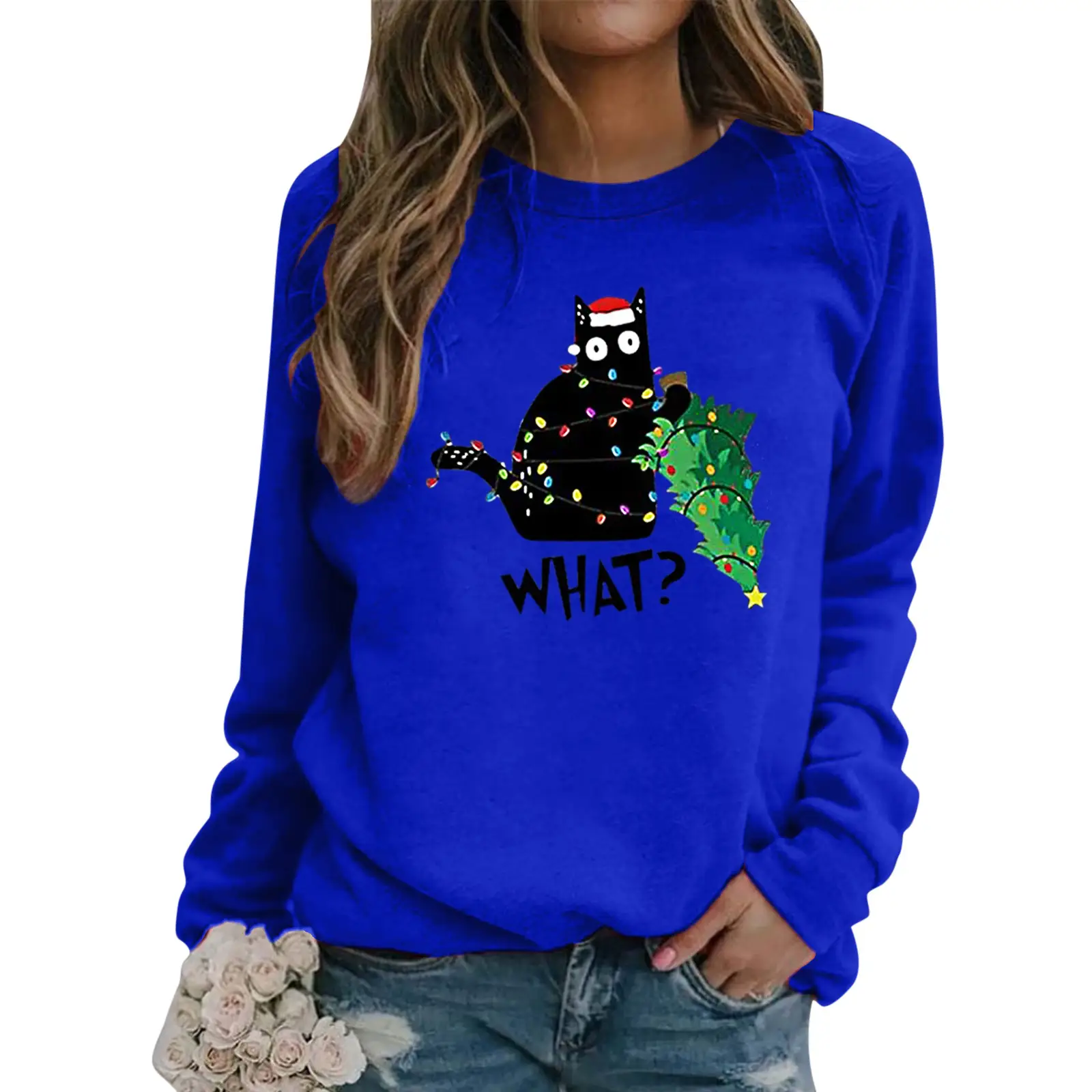 Women Christmas Cat Print Long Sleeve Sweatshirt Maroon - Image 8