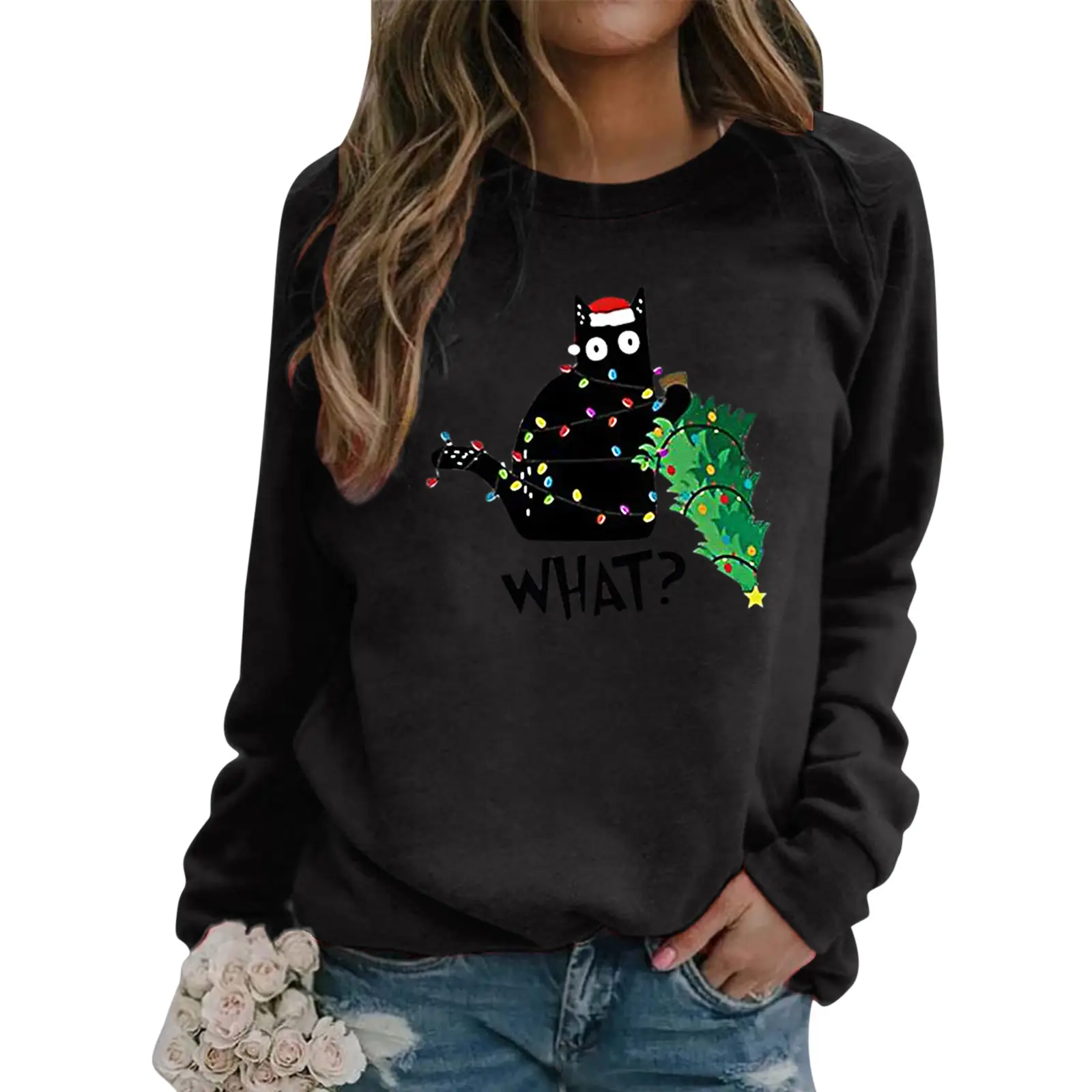 Women Christmas Cat Print Long Sleeve Sweatshirt Maroon - Image 9