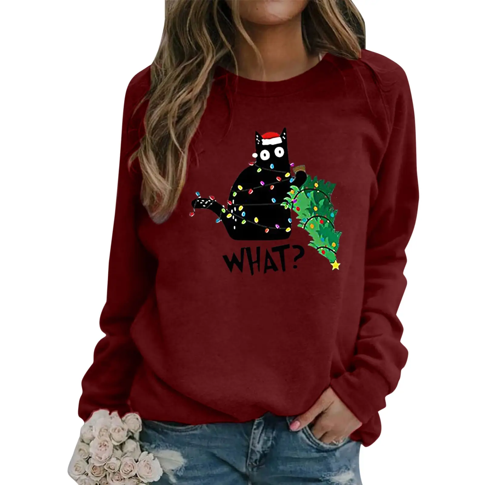 Women Christmas Cat Print Long Sleeve Sweatshirt Maroon - Image 10