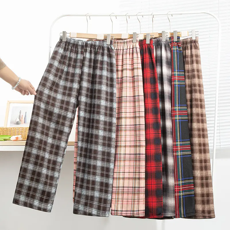 Women Plaid Thick Velvet Pants Winter Warm High Waist