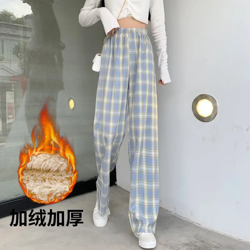 Women Plaid Thick Velvet Pants Winter Warm High Waist