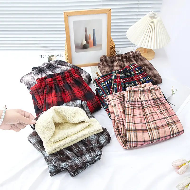 Women Plaid Thick Velvet Pants Winter Warm High Waist