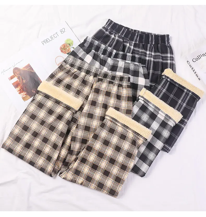 Women Plaid Thick Velvet Pants Winter Warm High Waist — feature 30