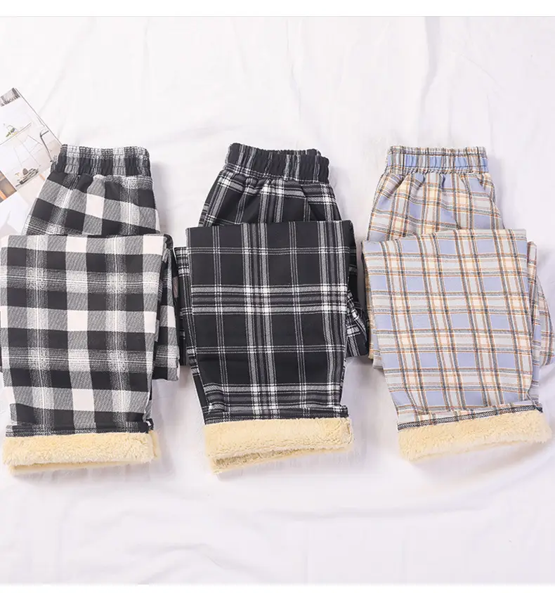 Women Plaid Thick Velvet Pants Winter Warm High Waist — feature 33