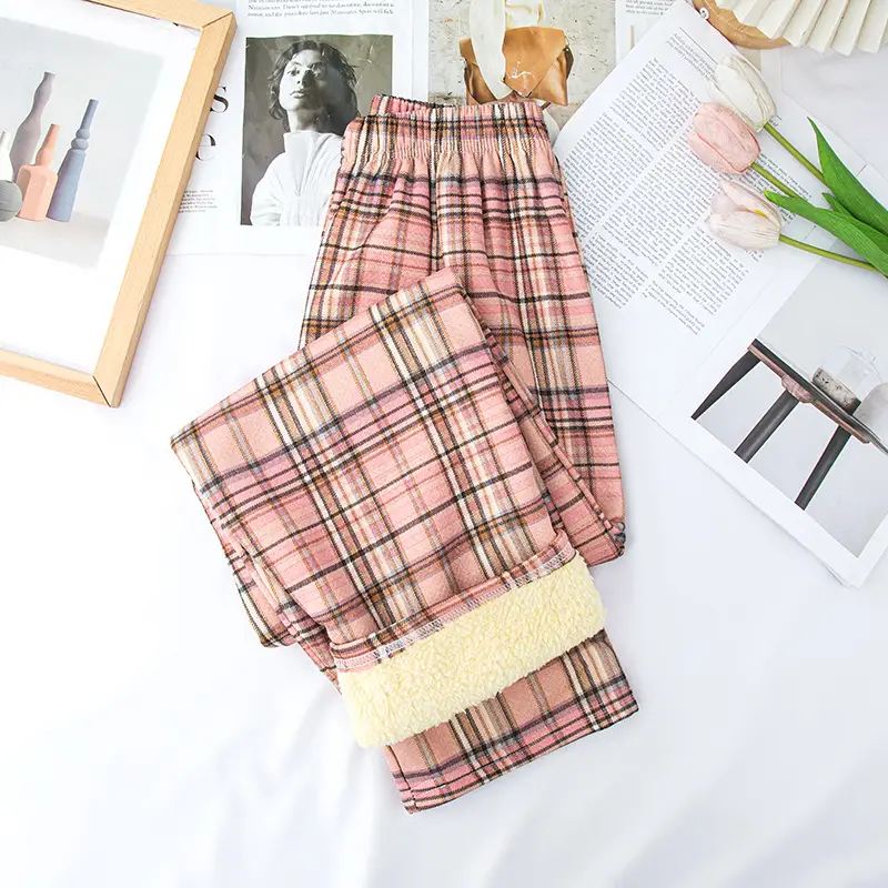 Women Plaid Thick Velvet Pants Winter Warm High Waist