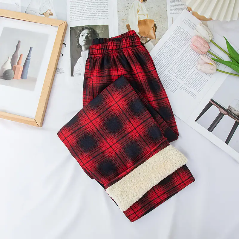 Women Plaid Thick Velvet Pants Winter Warm High Waist