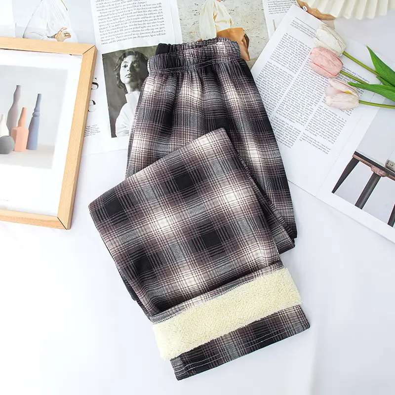 Women Plaid Thick Velvet Pants Winter Warm High Waist