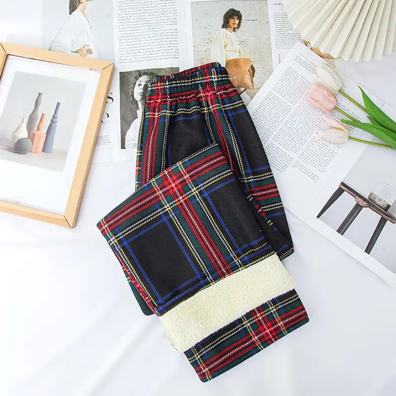Women Plaid Thick Velvet Pants Winter Warm High Waist
