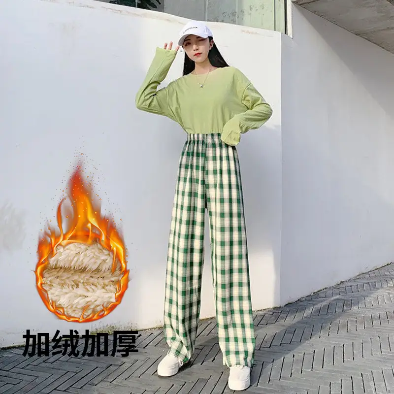 Women Plaid Thick Velvet Pants Winter Warm High Waist