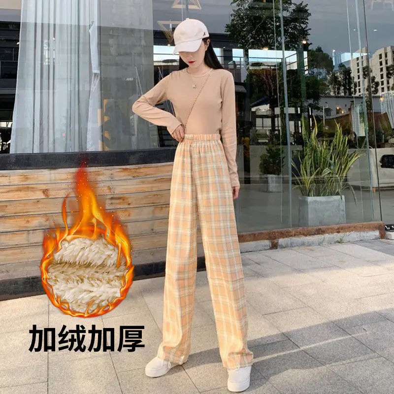 Women Plaid Thick Velvet Pants Winter Warm High Waist