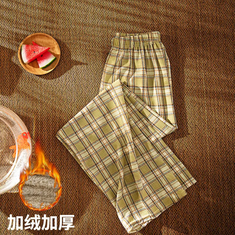 Women Plaid Thick Velvet Pants Winter Warm High Waist