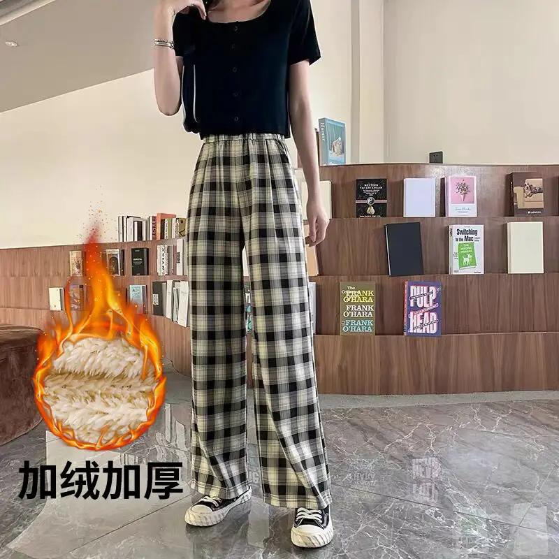Women Plaid Thick Velvet Pants Winter Warm High Waist