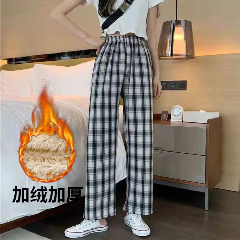 Women Plaid Thick Velvet Pants Winter Warm High Waist