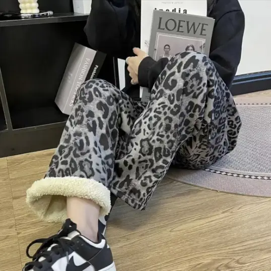 Women Plaid Thick Velvet Pants Winter Warm High Waist