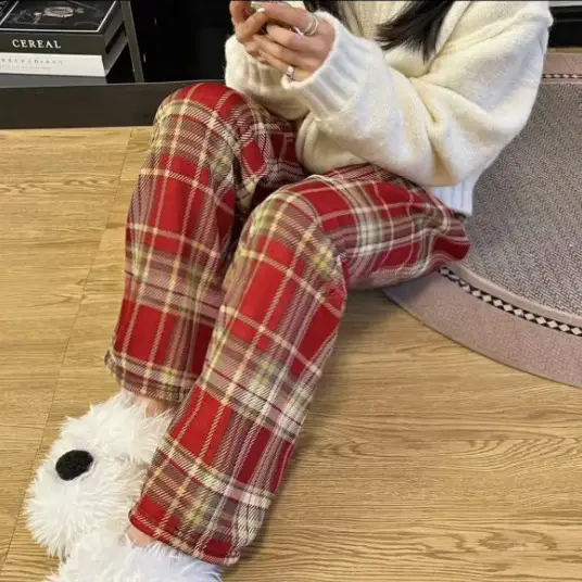 Women Plaid Thick Velvet Pants Winter Warm High Waist