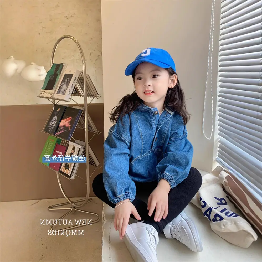 Girls Denim Hooded Coat Blue 2021 Autumn New - Image 3