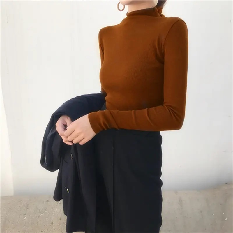 Women Long Sleeve Turtleneck Top Brown Winter Wear - Image 15