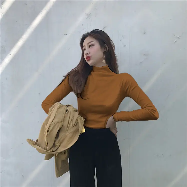 Women Long Sleeve Turtleneck Top Brown Winter Wear - Image 3
