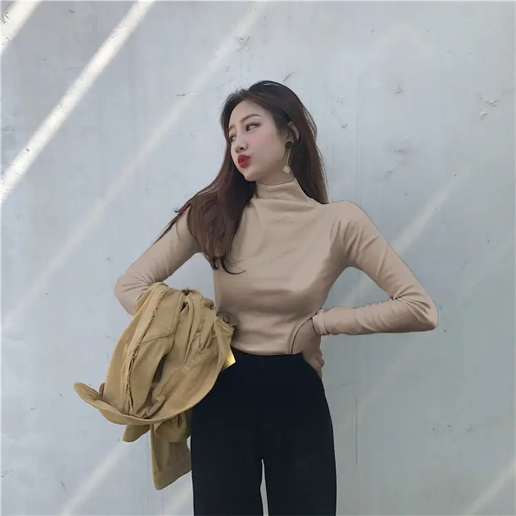 Women Long Sleeve Turtleneck Top Brown Winter Wear - Image 4