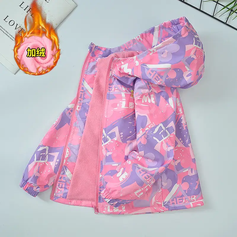 Girls Velvet Cartoon Hooded Ski Suit Pink