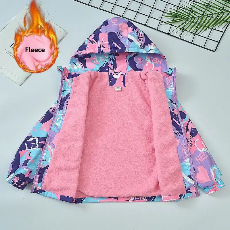 Girls Velvet Cartoon Hooded Ski Suit Pink