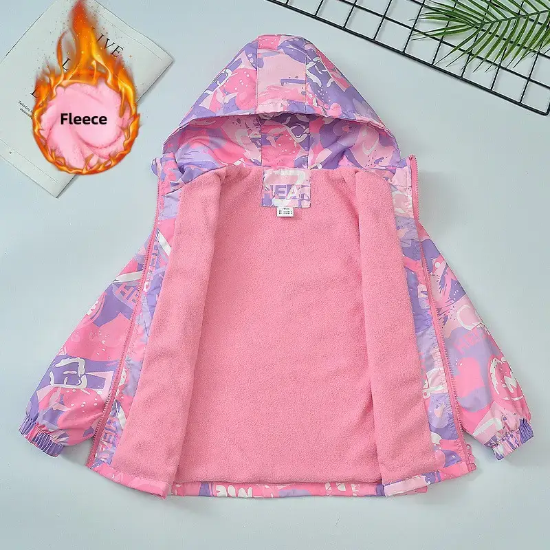 Girls Velvet Cartoon Hooded Ski Suit Pink