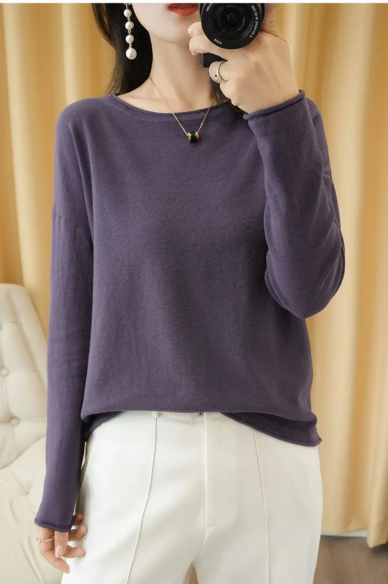 Women's Purple Cotton Knit Roll-Up Sweater Large - Image 11