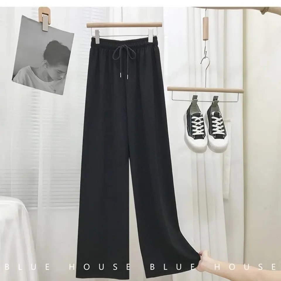 Women Black Waffle Elastic Waist Wide Leg Pants - Image 8