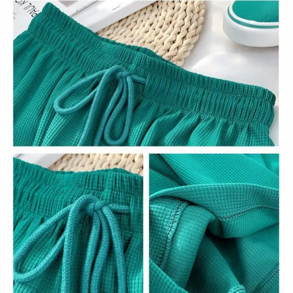 Women Black Waffle Elastic Waist Wide Leg Pants - Image 9