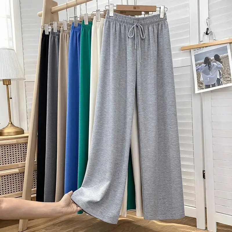 Women Black Waffle Elastic Waist Wide Leg Pants — feature 9