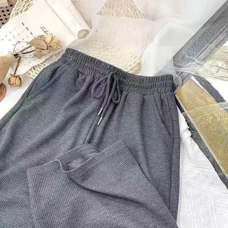 Women Black Waffle Elastic Waist Wide Leg Pants - Image 6