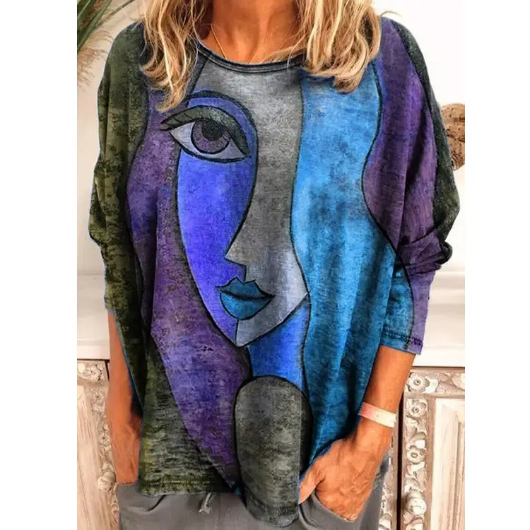 2022 Women's Face Print Long Sleeve T-Shirt Blue Purple Grey - Image 7