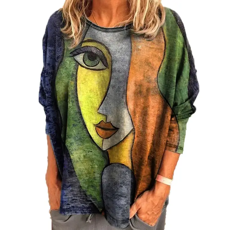 2022 Women's Face Print Long Sleeve T-Shirt Blue Purple Grey - Image 9