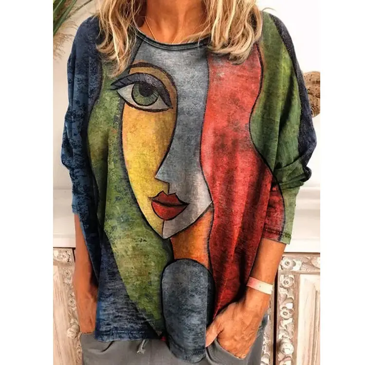 2022 Women's Face Print Long Sleeve T-Shirt Blue Purple Grey — feature 3