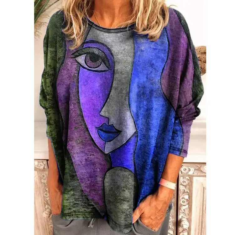 2022 Women's Face Print Long Sleeve T-Shirt Blue Purple Grey — feature 7