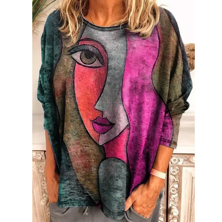 2022 Women's Face Print Long Sleeve T-Shirt Blue Purple Grey - Image 3