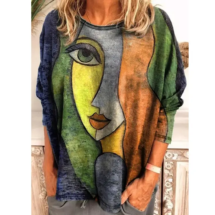 2022 Women's Face Print Long Sleeve T-Shirt Blue Purple Grey - Image 4