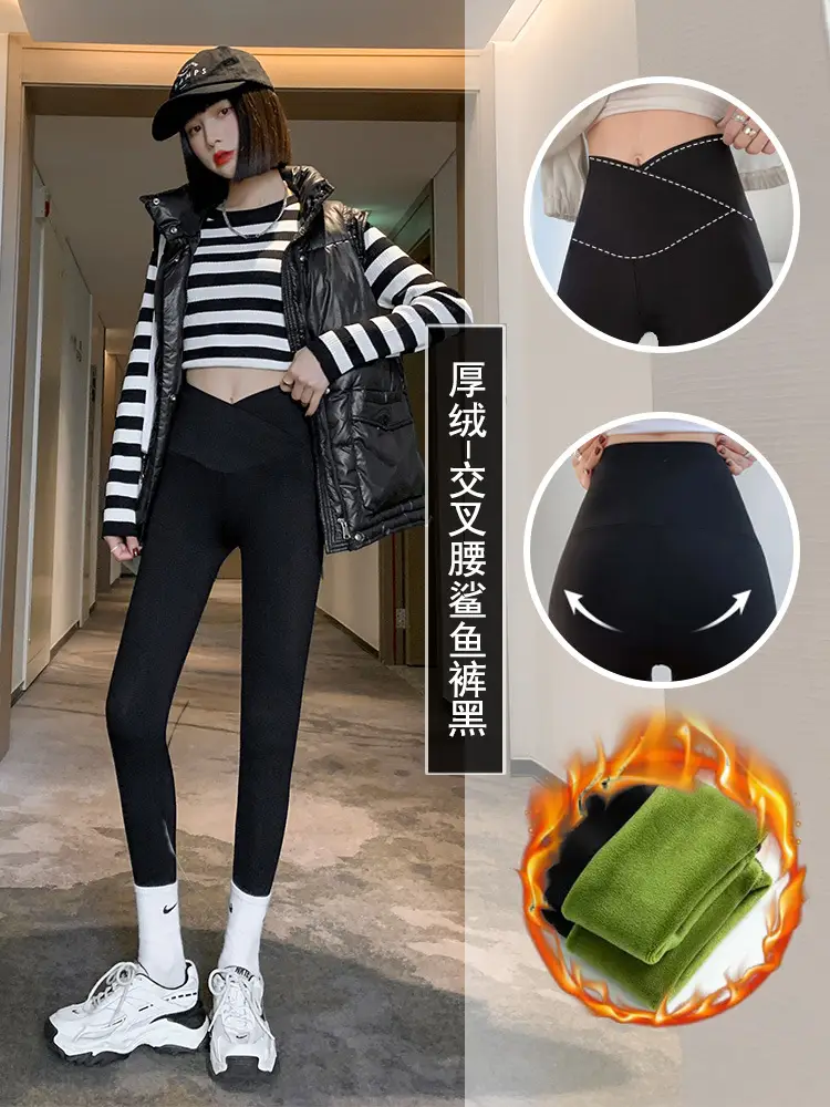 Cross Waist Fleece Lined Shark Pants Women Black Grey 2023 - Image 7