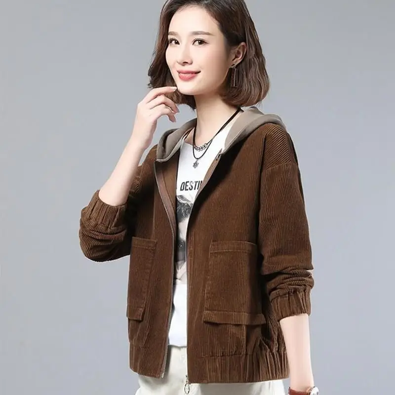 Women's Brown Hooded Long Sleeve Jacket Cardigan Loose Autumn Winter - Image 6