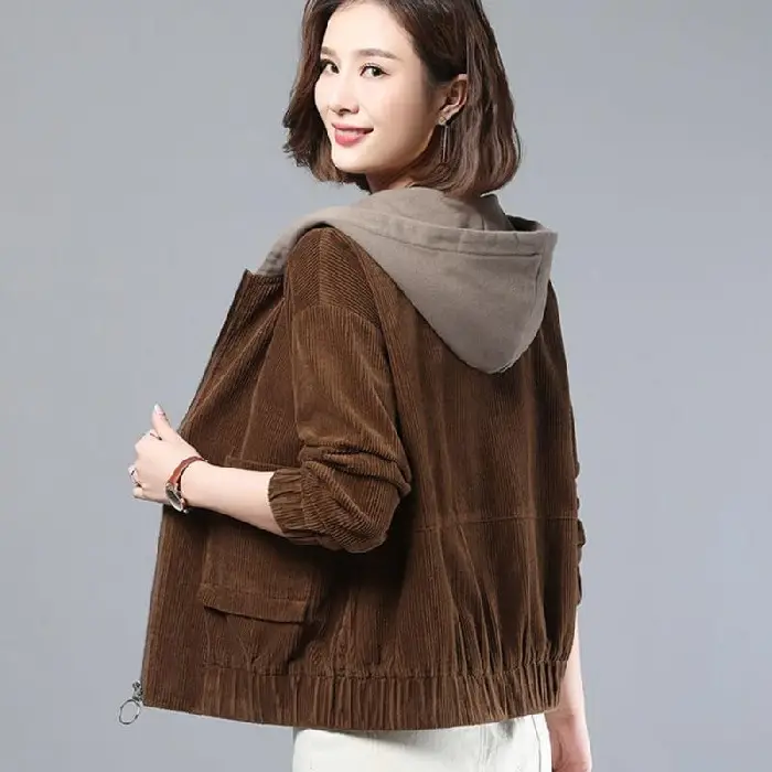 Women's Brown Hooded Long Sleeve Jacket Cardigan Loose Autumn Winter - Image 3