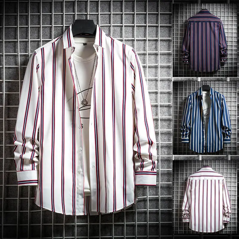 Men's Long Sleeve Striped Shirt White Blue Grey All Match