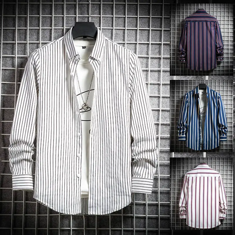 Men's Long Sleeve Striped Shirt White Blue Grey All Match