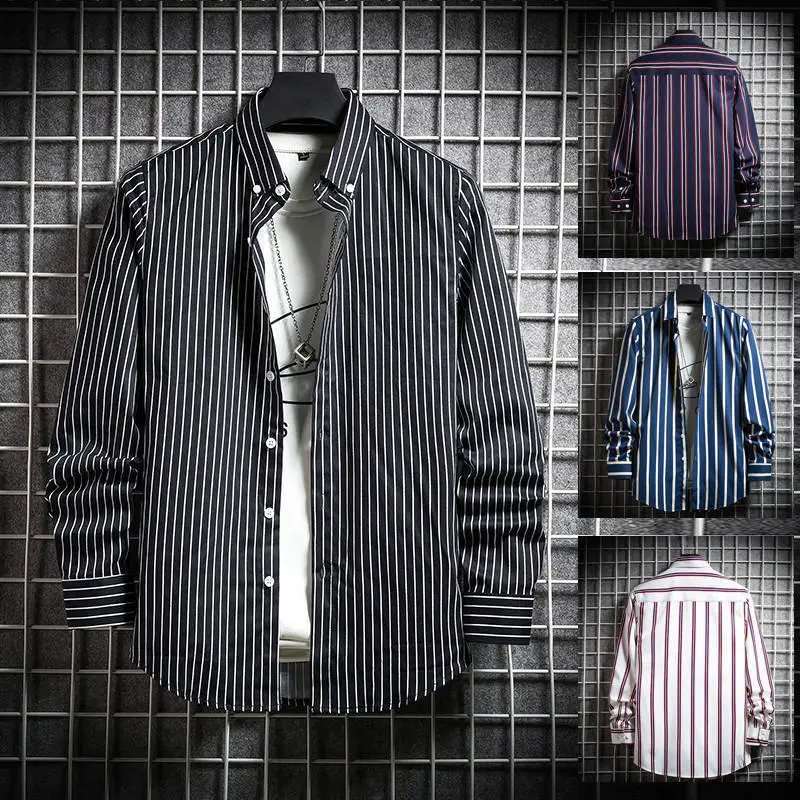 Men's Long Sleeve Striped Shirt White Blue Grey All Match