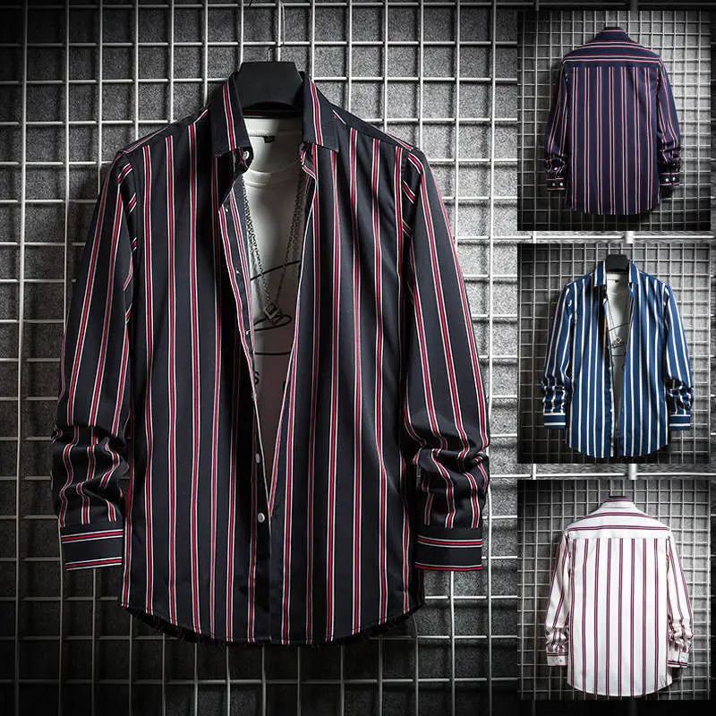 Men's Long Sleeve Striped Shirt White Blue Grey All Match