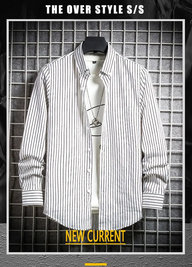 Men's Long Sleeve Striped Shirt White Blue Grey All Match — feature 1